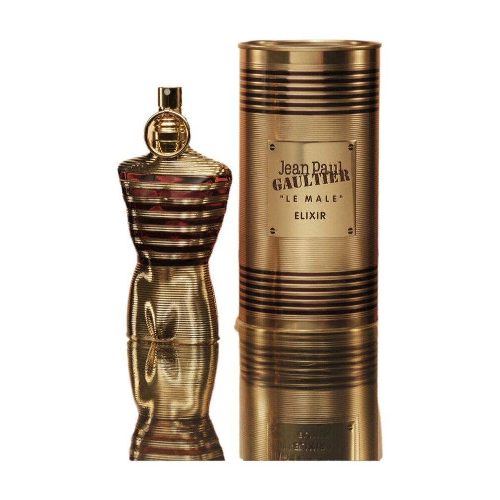 Goldfarbener Flakon in Torsoform neben goldener Dose. Auf der Dose steht "Jean Paul Gaultier LE MALE ELIXIR".