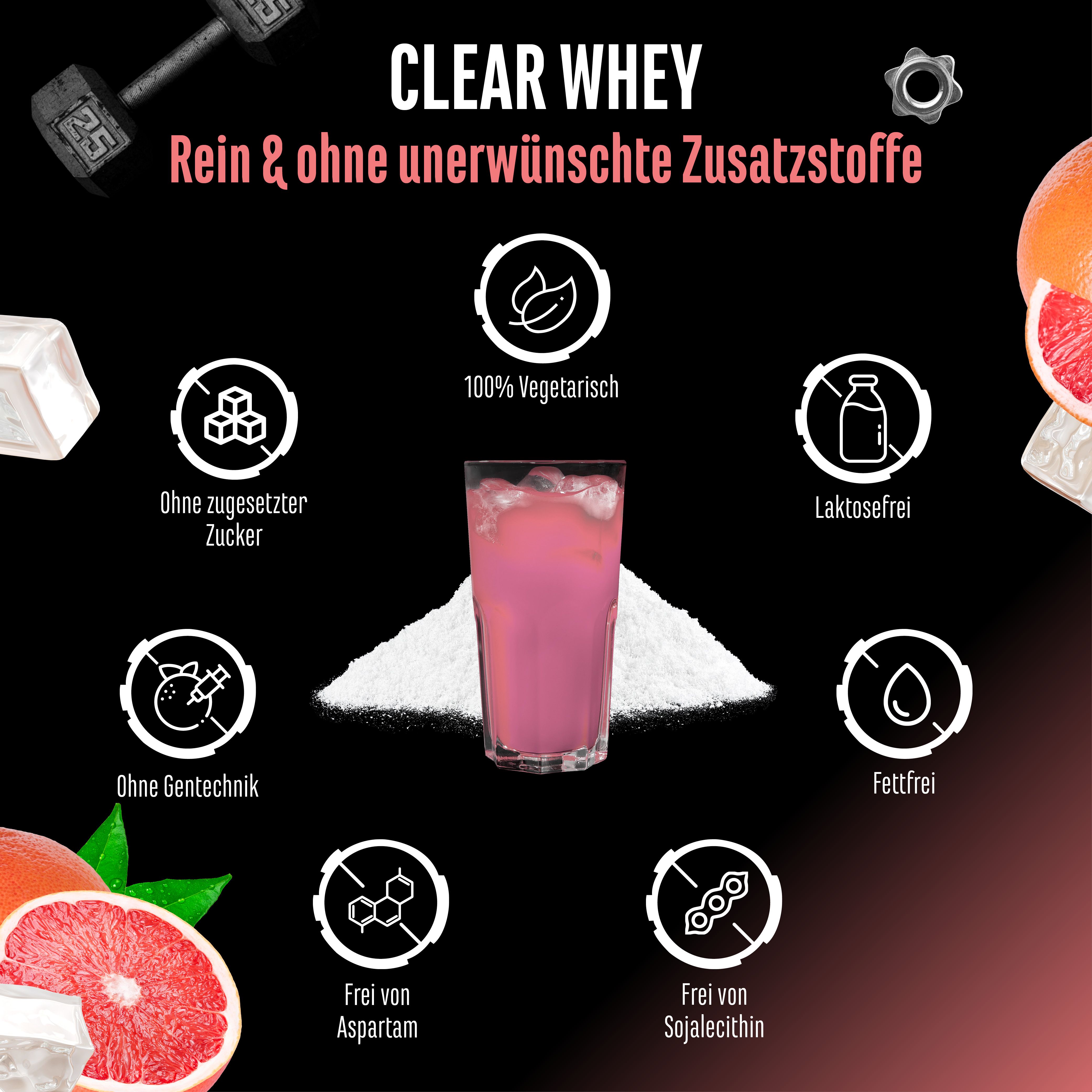 Infografik mit "CLEAR WHEY". Merkmale: 100% vegetarisch, ohne zugesetzten Zucker, laktosefrei, ohne Gentechnik, fettfrei, frei von Aspartam, frei von Sojalecithin.