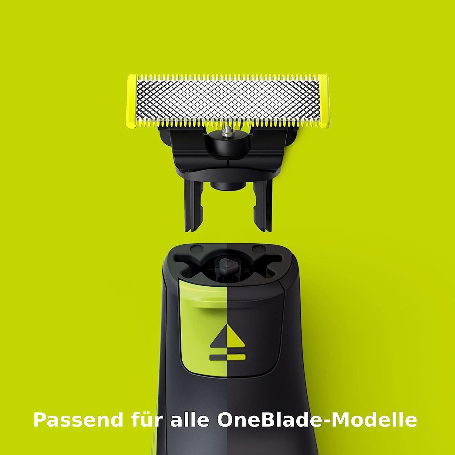 OneBlade-Rasierer und Klinge. Klinge wird aufgesetzt. Text: Passend für alle OneBlade-Modelle.