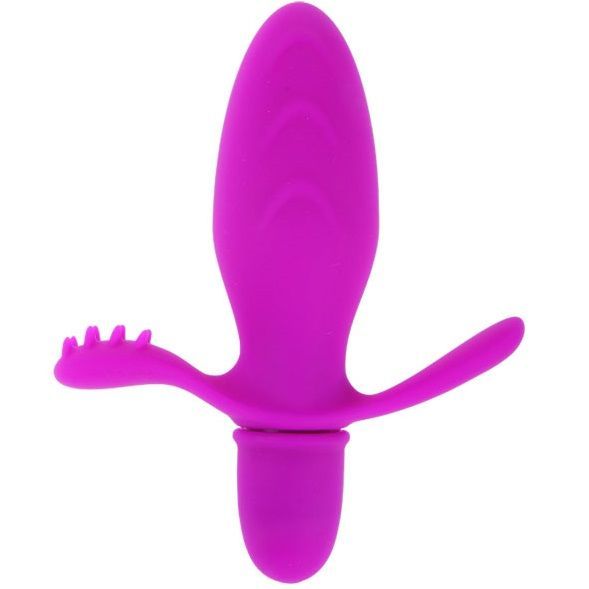 Lila Vibrator mit Flügeln und Noppen. Aus Silikon. Oben abgerundet, unten zylindrisch.