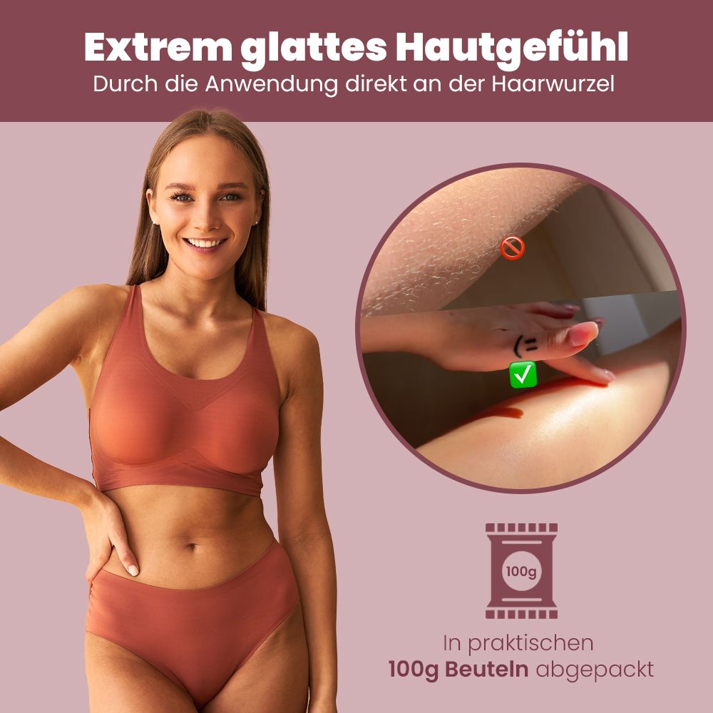 Frau mit Bikini. 100g Beutel. Darstellung der Anwendung. Glattes Hautgefühl durch Anwendung direkt an der Haarwurzel.