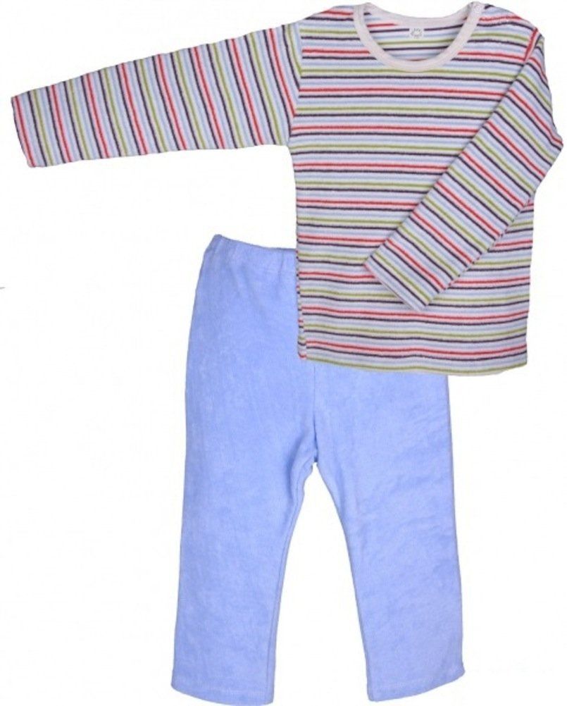 Mehrfarbiger Pyjama aus Frottee. Oberteil mit Streifenmuster, lange Ärmel. Blaue Hose. Baumwollstoff.