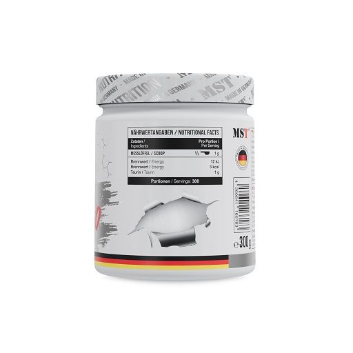 Weiße Dose mit Nährwertangaben und MST-Logo. 300 Portionen. Deutscher Flaggenstreifen. Schwarze und graue Details.