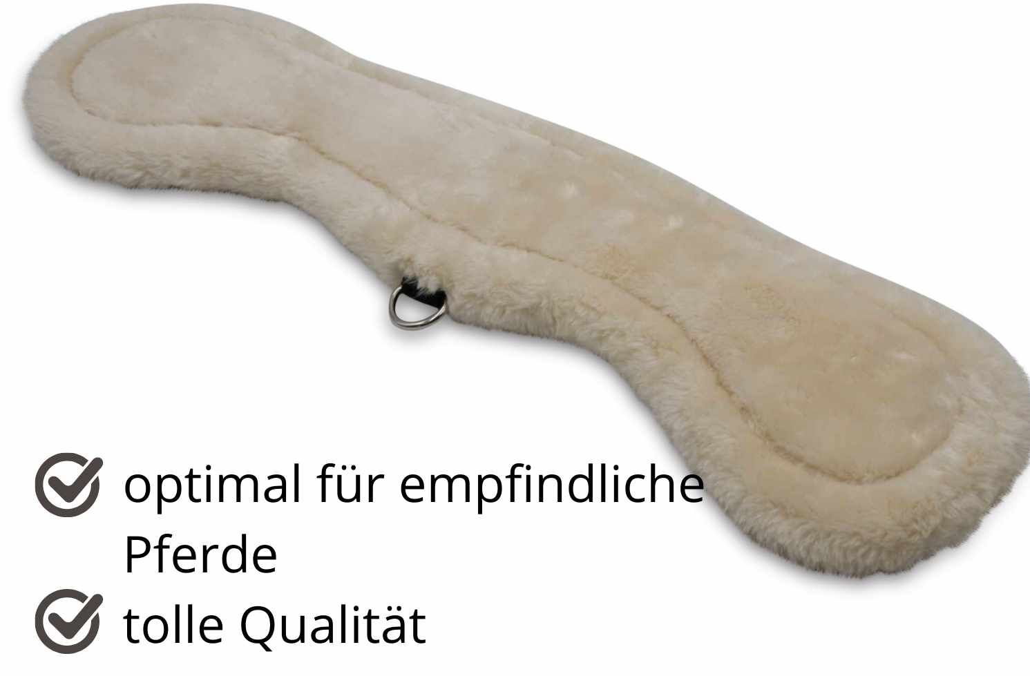 Kurzgurt XTR mit Lammfell. Anatomische Form, D-Ring. Text: optimal für empfindliche Pferde, tolle Qualität.
