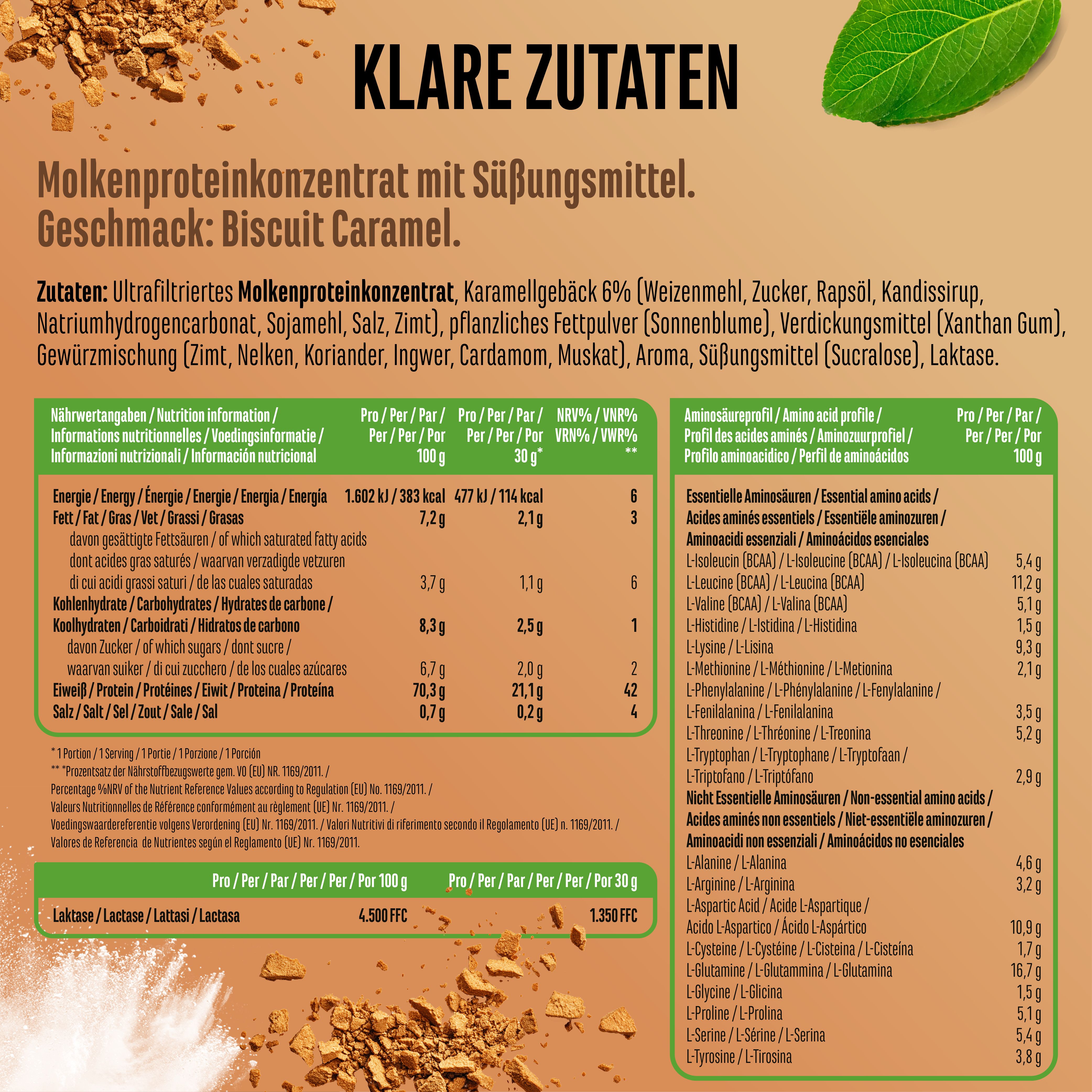 Nährwerttabelle von Yummy Whey Protein, Geschmack Biscuit Caramel. Enthält Informationen zu Inhaltsstoffen, Nährwerten und Aminosäuren.
