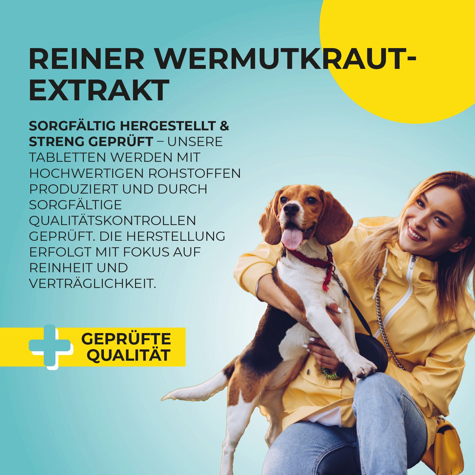 Frau umarmt einen Hund. Text: Geprüfte Qualität. Reiner Wermutkraut-Extrakt. Sorgfältig hergestellt.