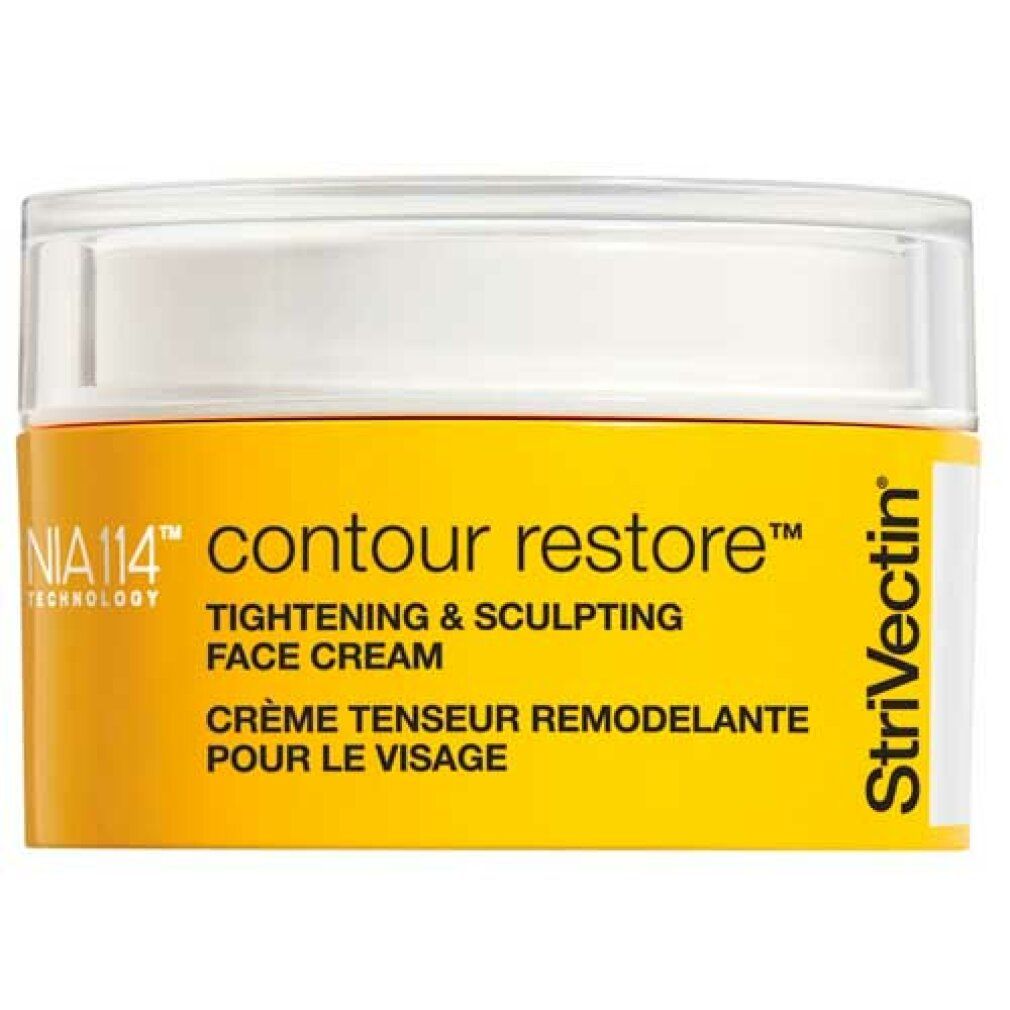 Gelbe Tiegel mit weißem Deckel. Aufschrift: "contour restore" und "TIGHTENING & SCULPTING FACE CREAM". Marke: Strivectin.