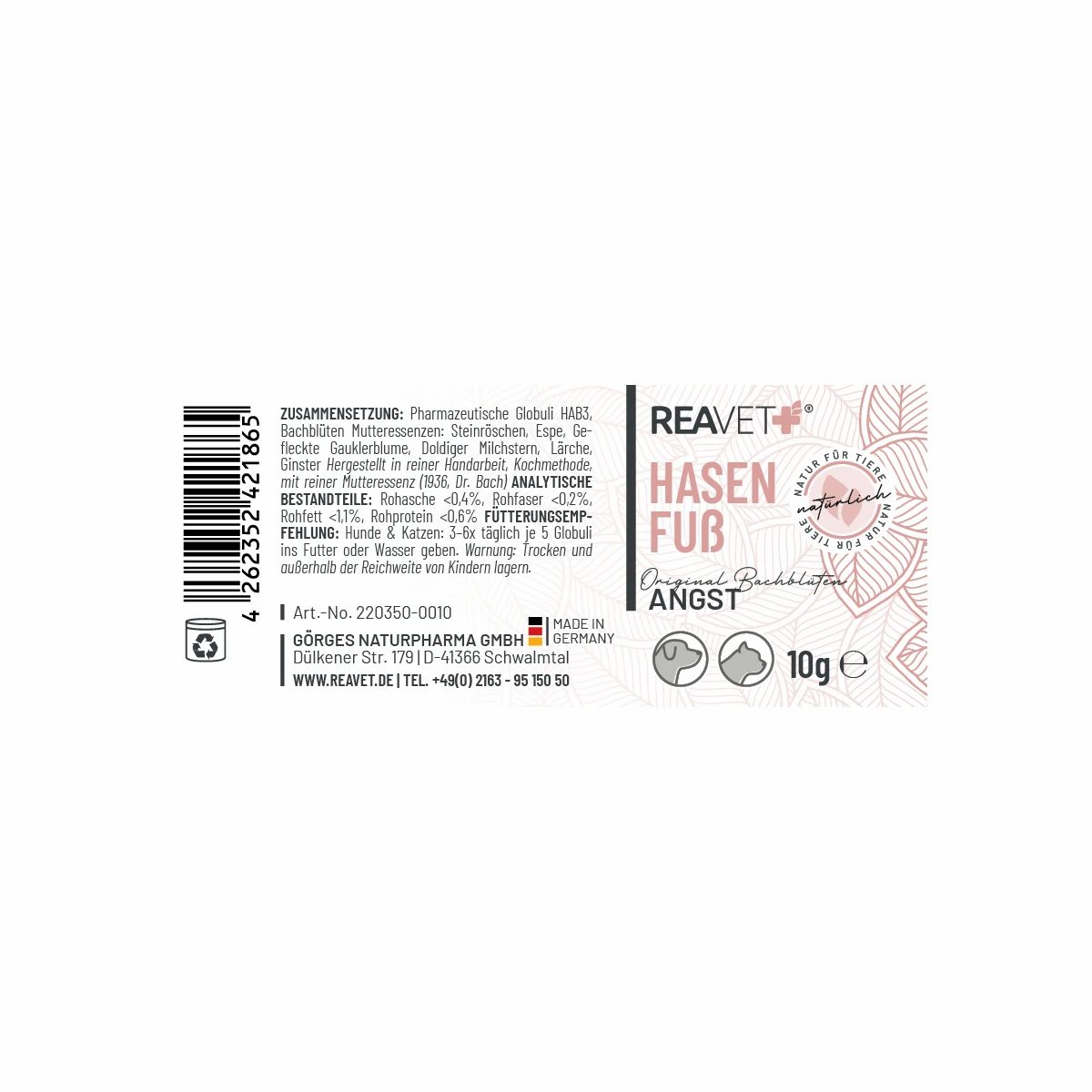 Etikett mit Produktinformationen: Marke, Name, Inhaltsangabe 10g, Herstellungsort Deutschland.
