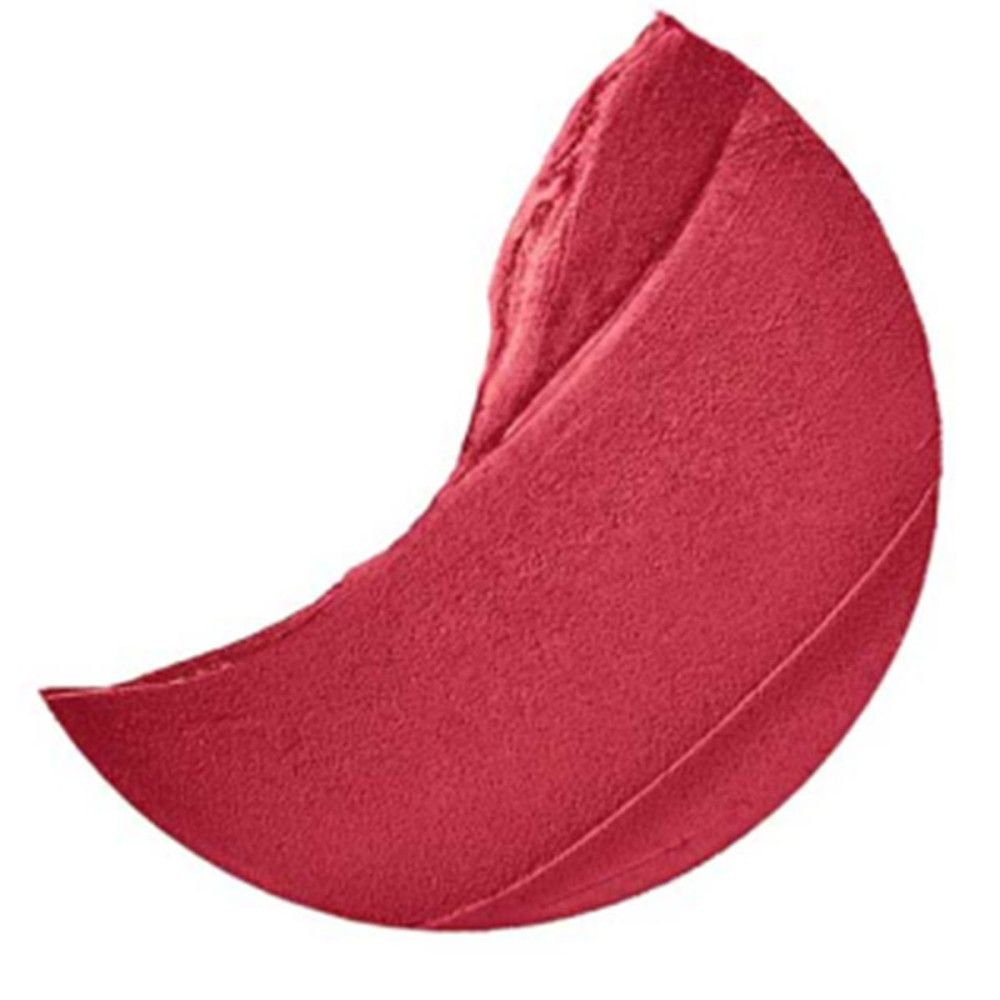 Ein roter Lippenstift, der in einer halben Mondform abgebildet ist. Die Textur ist samtig.