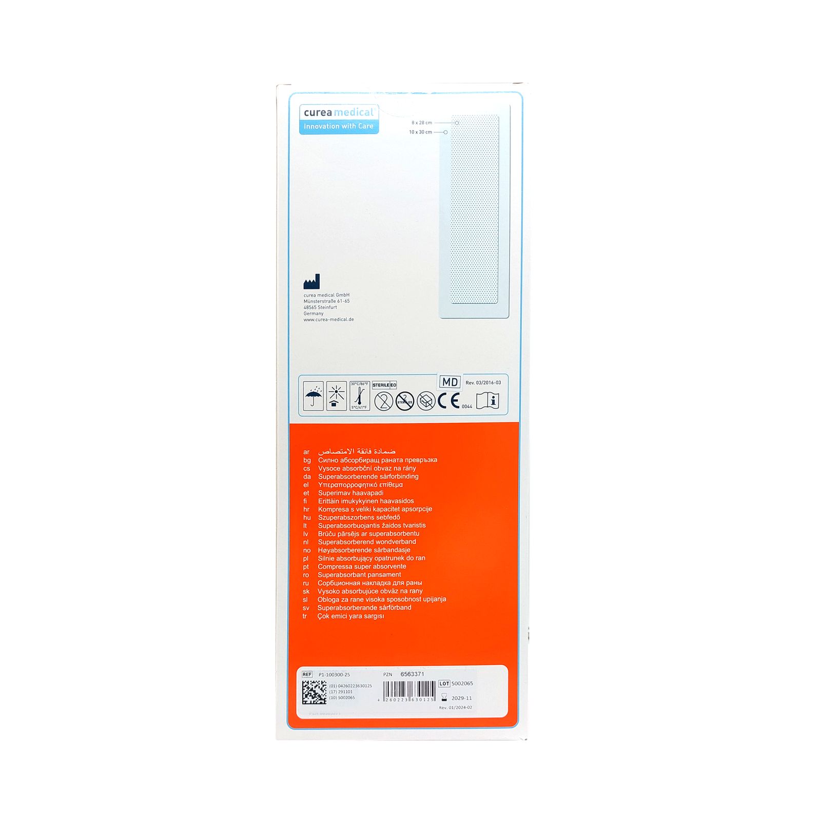Rückseite der curea P1 Verpackung. Enthält Piktogramme und Informationen. Weiß, orange und blau.