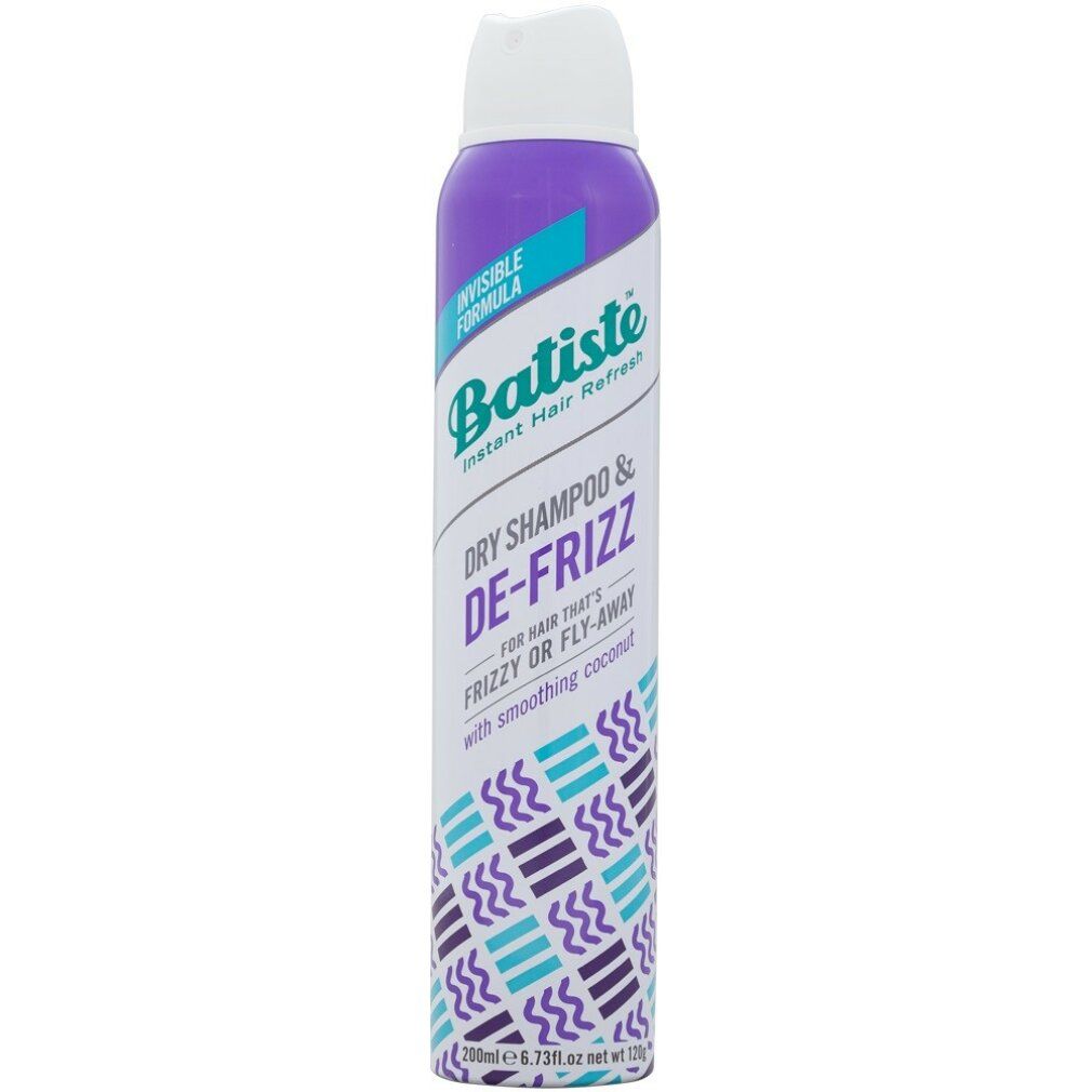 Batiste Dry Shampoo & De-Frizz Aerosoldose mit Glättungscoconut. Lila und weiße Dose mit blauem und violettem Muster.