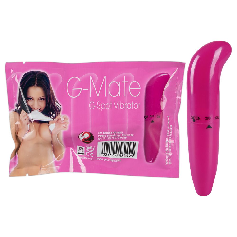 Pinkfarbener Vibrator und Verpackung. Auf der Verpackung steht G-Mate G-Spot Vibrator. Auf dem Vibrator sind OFF und ON markiert.