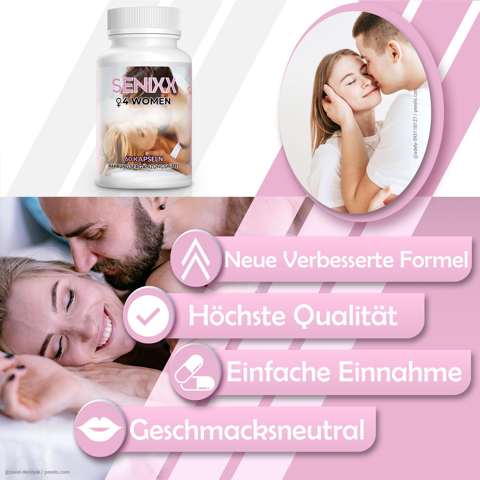 Weißes Pillenfläschchen mit Senixx 4 Women-Etikett. Aufschrift: 60 Kapseln. Hintergrund: Paare, Text: Neue verbesserte Formel, höchste Qualität, einfache Einnahme.
