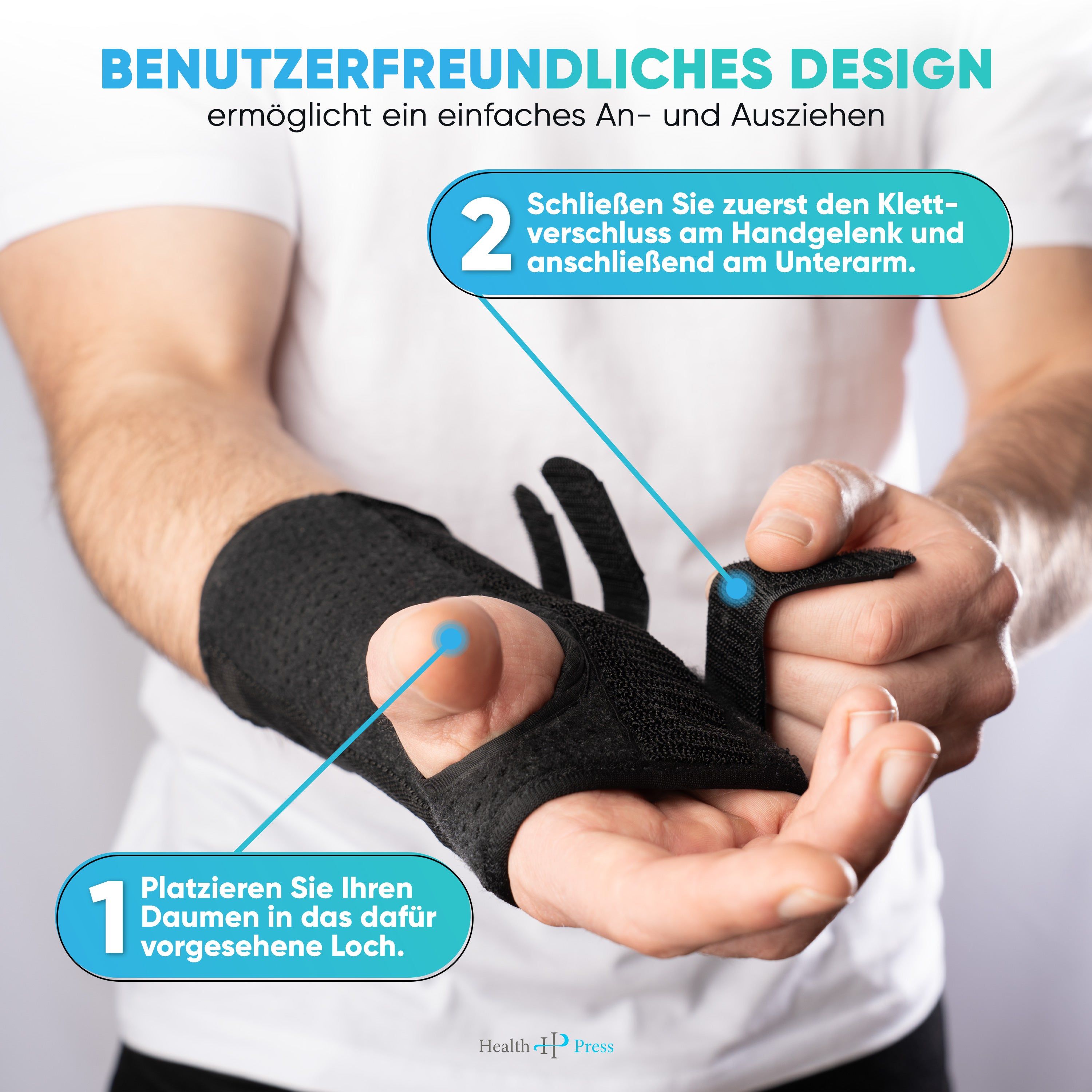 Person legt Handgelenkbandage an. Anweisungen mit nummerierten Schritten. Logo Health Press.