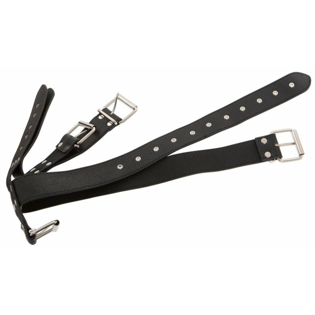 Schwarze Hals-Handfessel aus Leder mit Schnallen und Nieten. Einzelne Komponenten liegen nebeneinander.