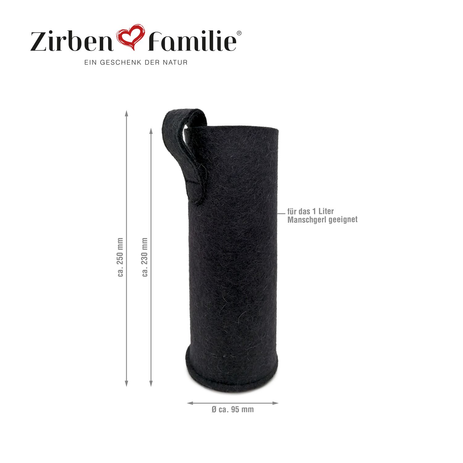 Schwarze Filzhülle für eine Trinkflasche. Mit Henkel. Maße: ca. 250 mm hoch, 95 mm Durchmesser.