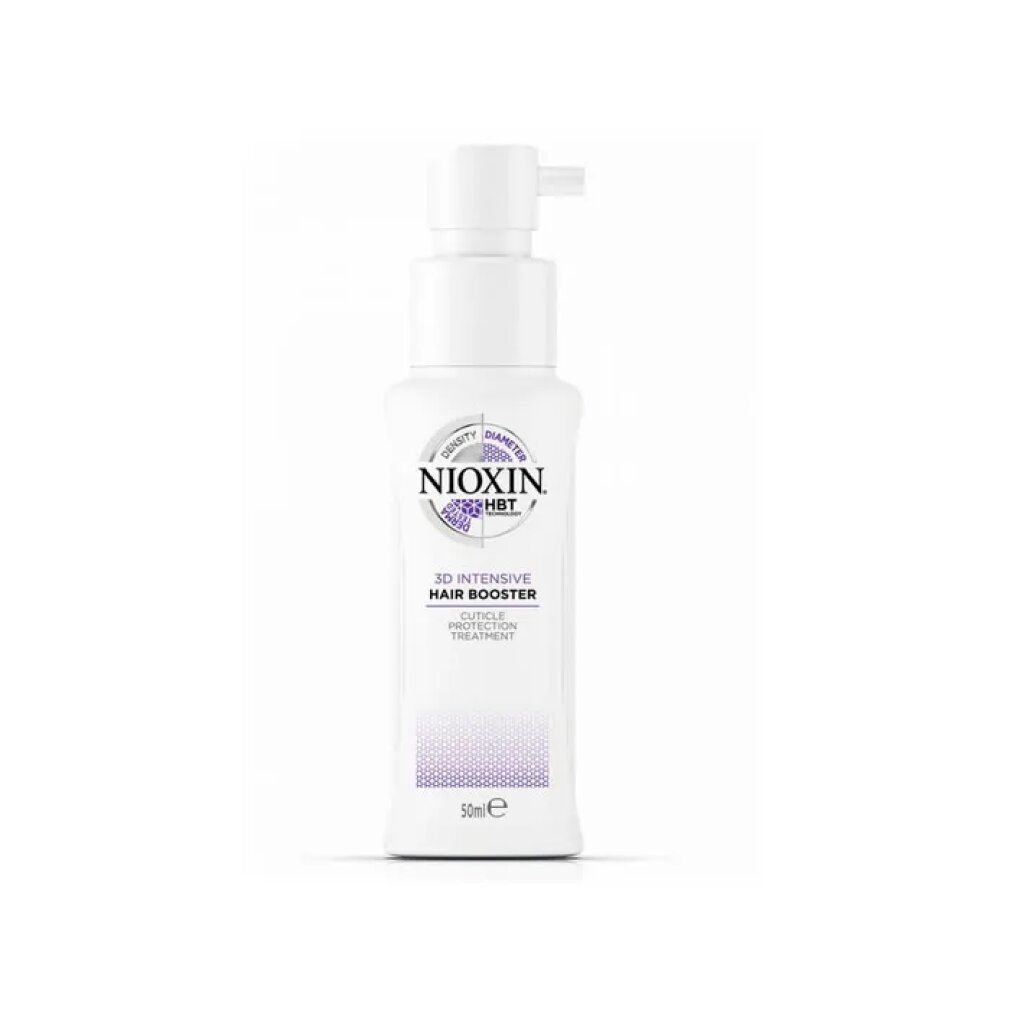 Weiße Flasche mit Pumpe. Aufschrift: Nioxin HBT 3D Intensive Hair Booster.
