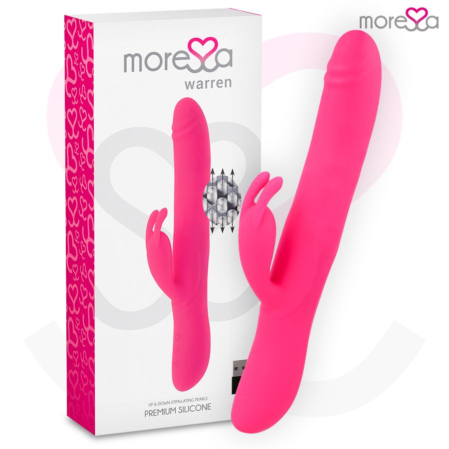 Rosa Vibrator und Verpackung. Text: UP & DOWN CHALLENGING PEARLS, PREMIUM SILICONE. Marke: more❤sa warren.