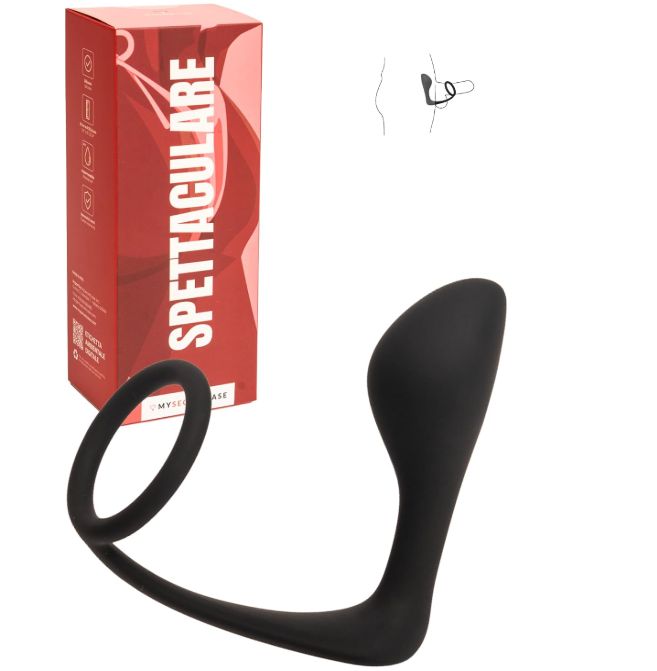 Schwarzer Silikon-Stimulator, 10 cm lang, mit einem Ring von 3,6 cm Durchmesser.