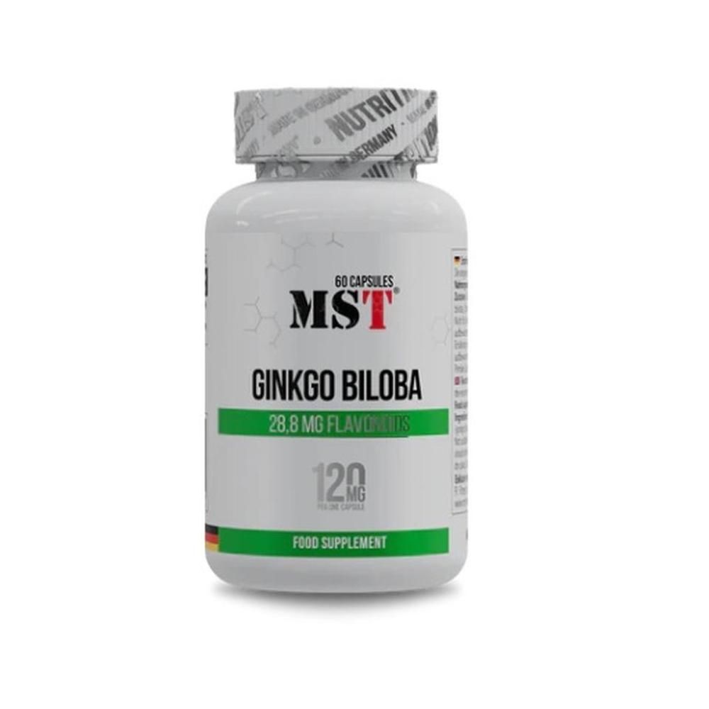 Weiße Flasche mit MST Ginkgo Biloba Kapseln. Grüne und rote Schrift. 60 Kapseln. Food Supplement.