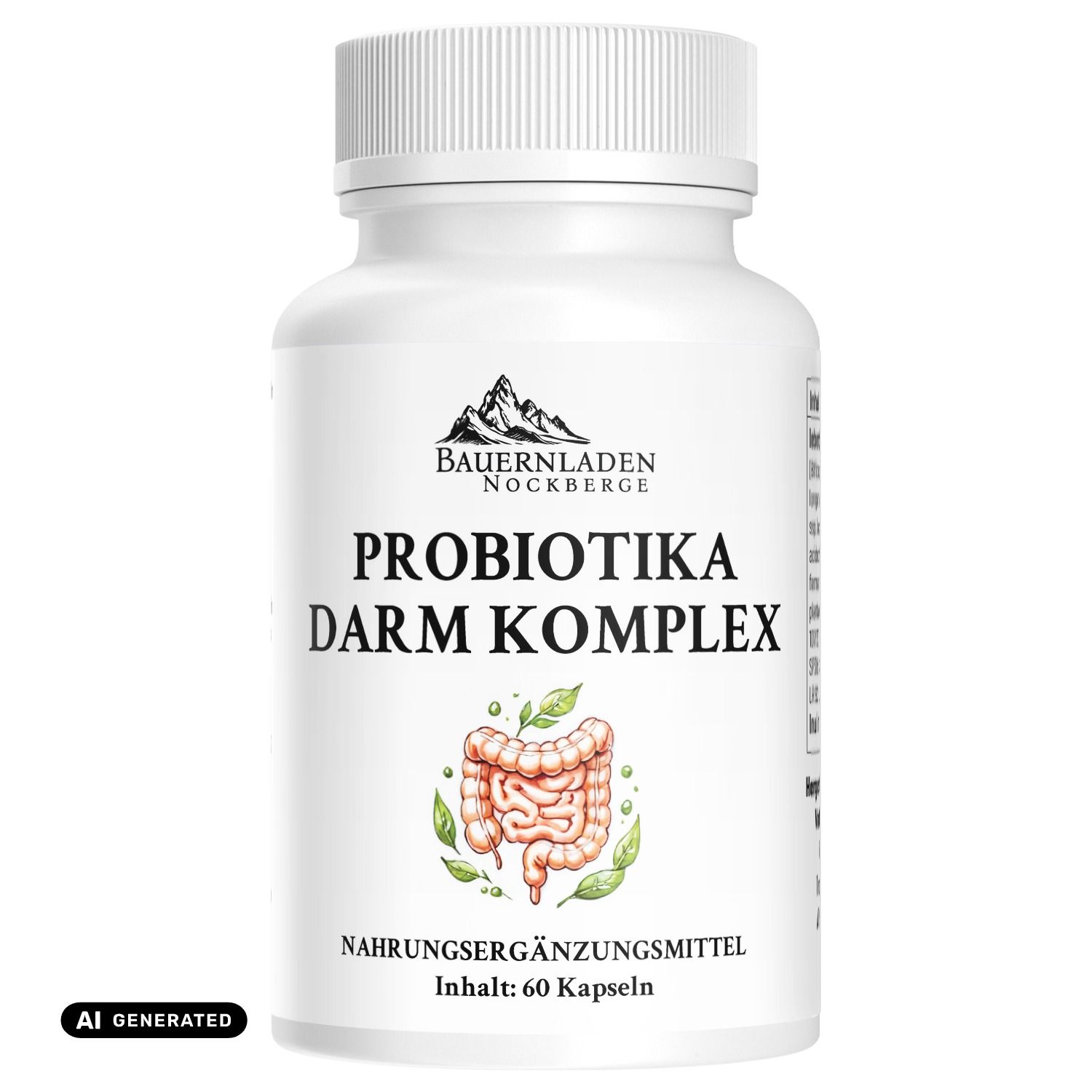 Flasche Probiotika Darm Komplex mit dem Logo Bauernladen Nockberge und einer Darmgrafik.