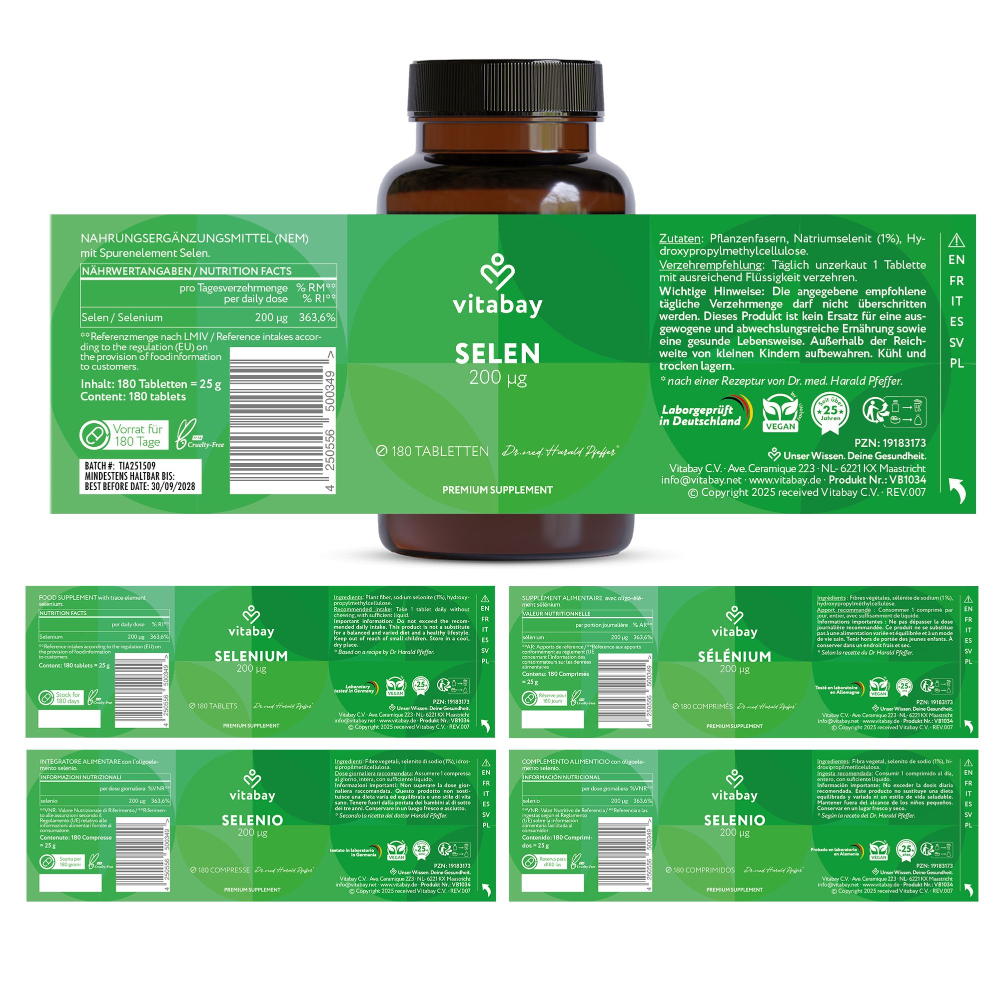 Braune Glasflasche mit grüner Aufschrift: Selen 200 µg. Etikett mit Informationen. Text: 180 Tabletten. Marke: Vitabay.