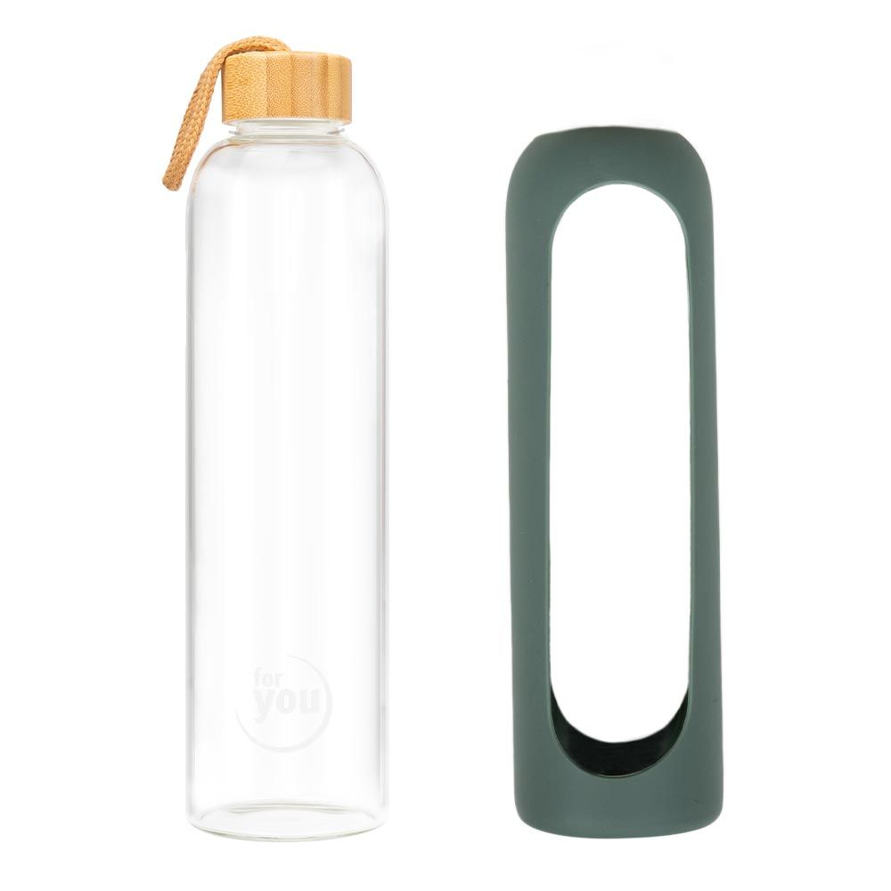 Glas-Trinkflasche und separate grüne Schutzhülle. "for you" Logo auf Flasche.