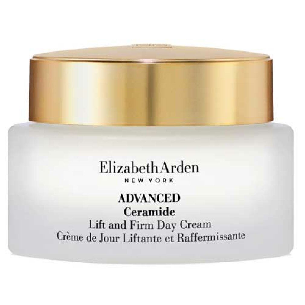 Creme-Glas mit goldenem Deckel. Elizabeth Arden Logo und Produktname. Text in Englisch und Französisch.