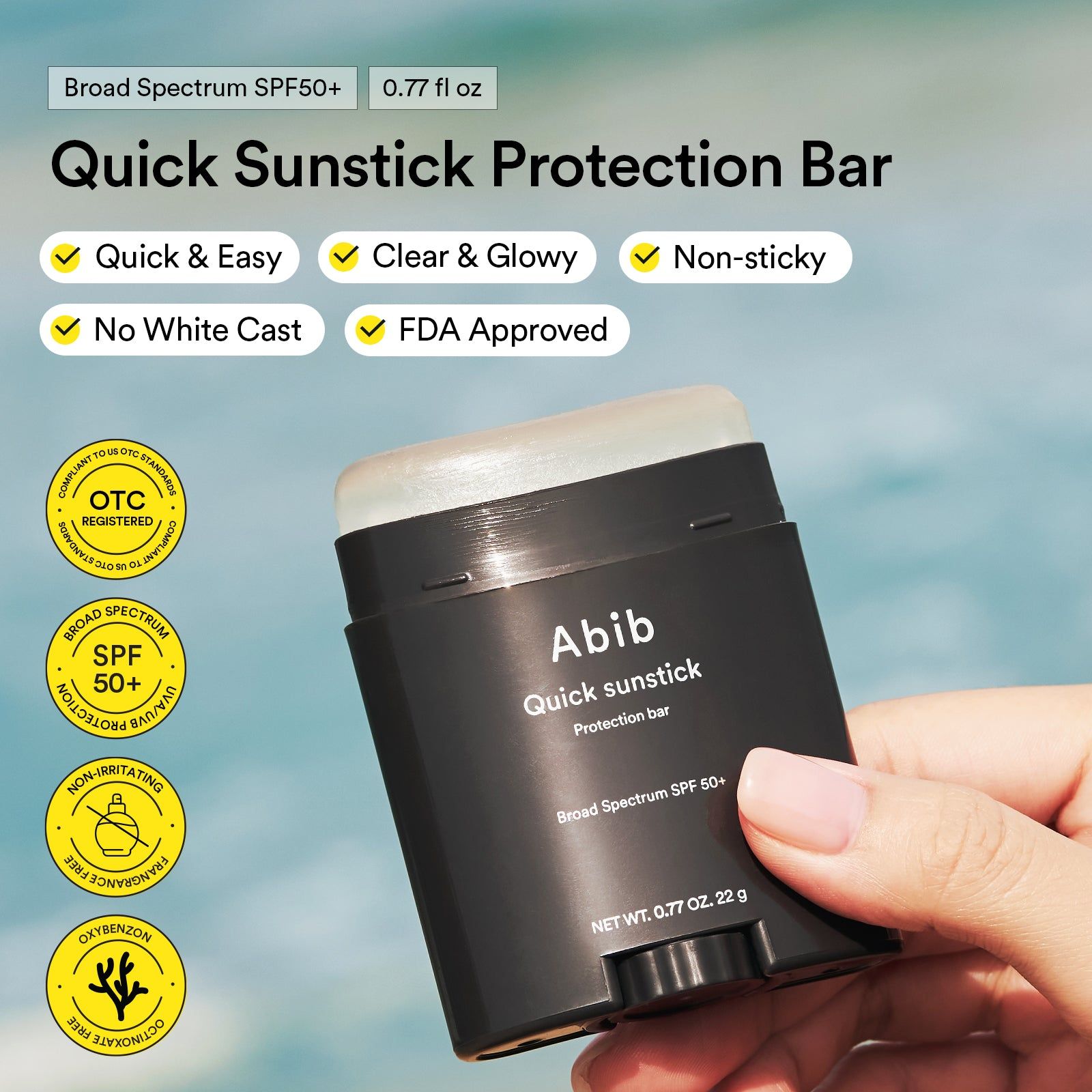 ABIB Quick Sunstick Protection Bar SPF50+ PA++++ mit Siegeln wie "FDA Approved".