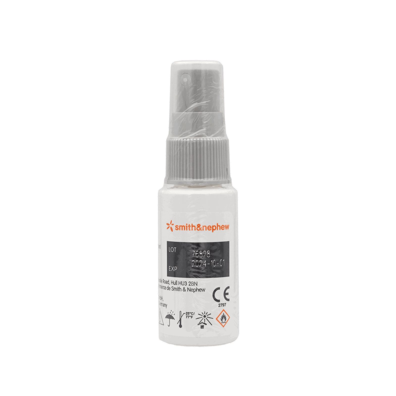 Transparente Sprühflasche mit Produkt. Aufschrift Smith & Nephew. CE-Kennzeichnung. Enthält Informationen und Symbole.