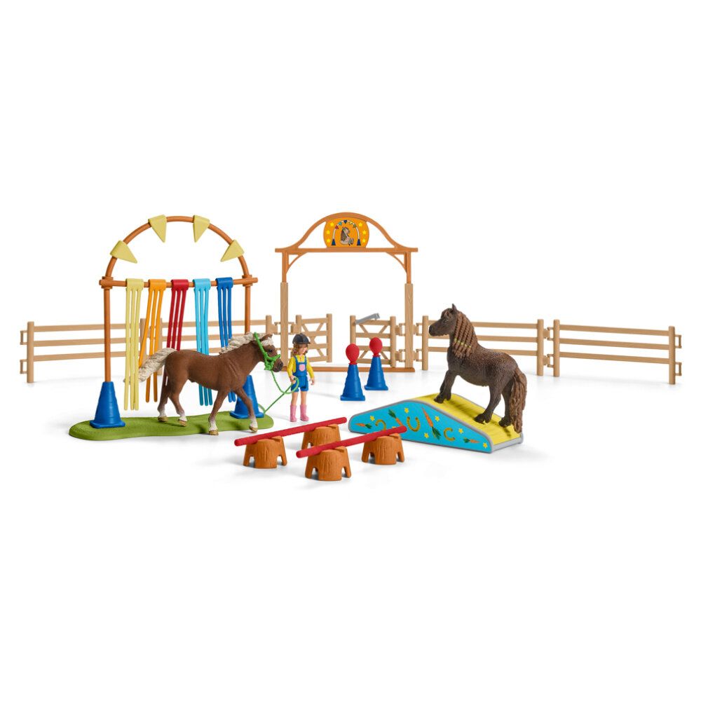 Pony-Agility-Trainingsset mit Hindernissen, Figuren und Pferden. Holz- und Kunststoffelemente. Verschiedene Farben.