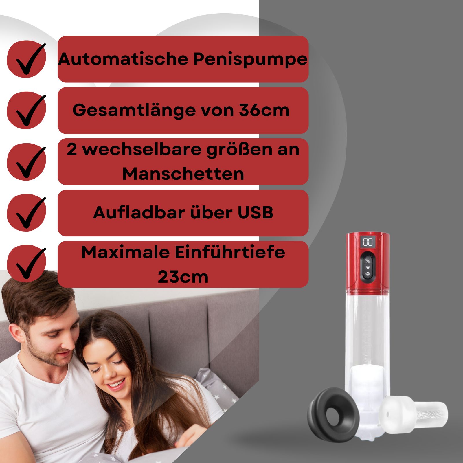 Penispumpe mit rotem Bedienfeld, zwei Manschetten, im Hintergrund Paar.