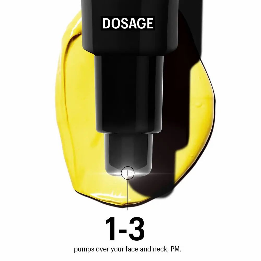Schwarze Tube mit gelber Creme. Text: DOSIERUNG. 1-3 Pumpstöße für Gesicht und Hals, PM.