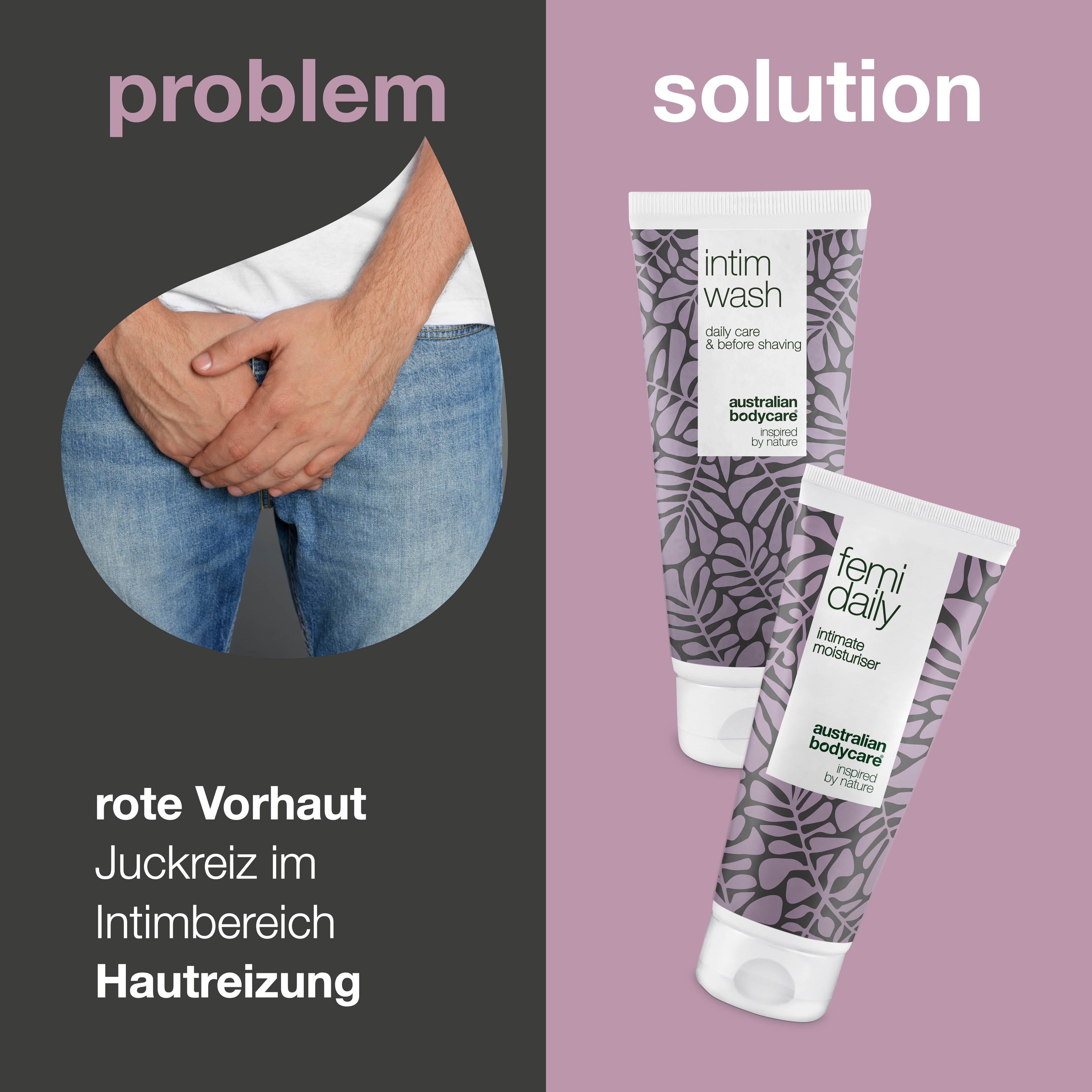 Problem-Lösung-Konzept. Mann hält Intimbereich. Zwei Tuben: Intim Wash und Femi Daily. Text: rote Vorhaut.