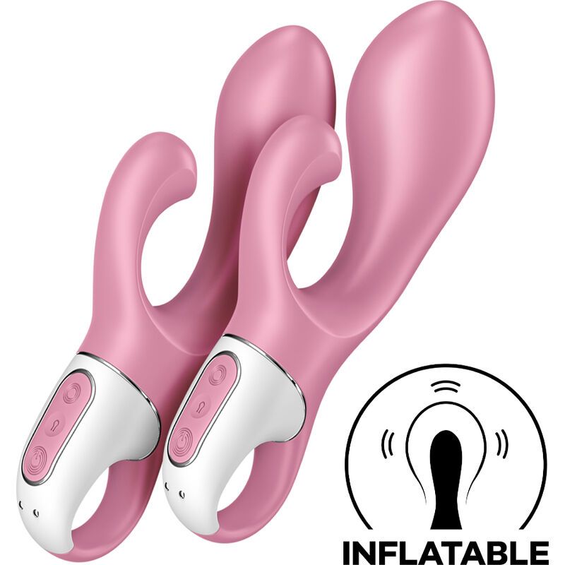 Zwei rosa Vibratoren mit weißem Akzent. Auf der Verpackung ist das Wort 'INFLATABLE' zu sehen.