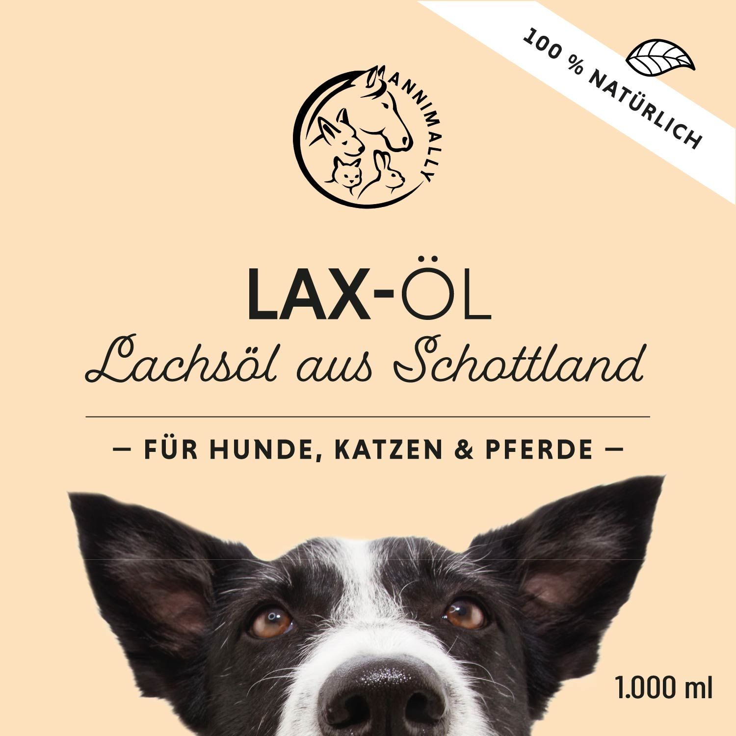 Etikett mit Logo und Schriftzug Lax-Öl aus Schottland. Für Hunde, Katzen & Pferde. 1.000 ml. Aufschrift: 100% natürlich.