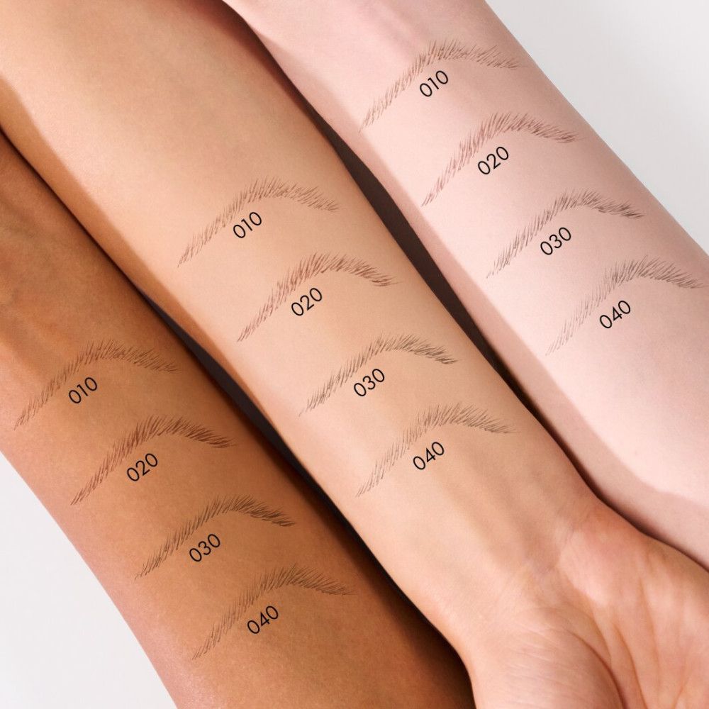 Drei Arme mit verschiedenen Hauttönen. Auf jedem Arm sind Augenbrauenzeichnungen mit Nummern (010, 020, 030, 040) abgebildet.