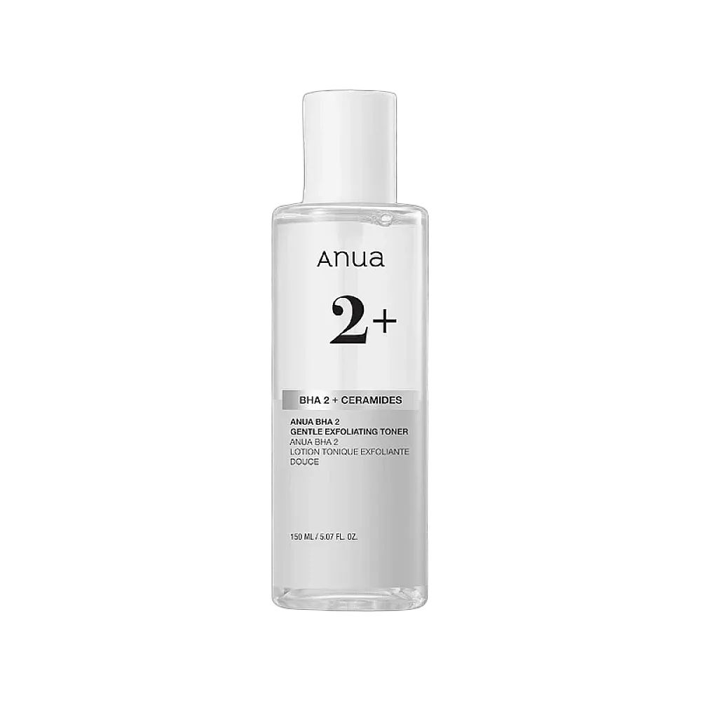 ANUA BHA 2% Gentle Exfoliating Toner in klarer Flasche mit weißem Verschluss.