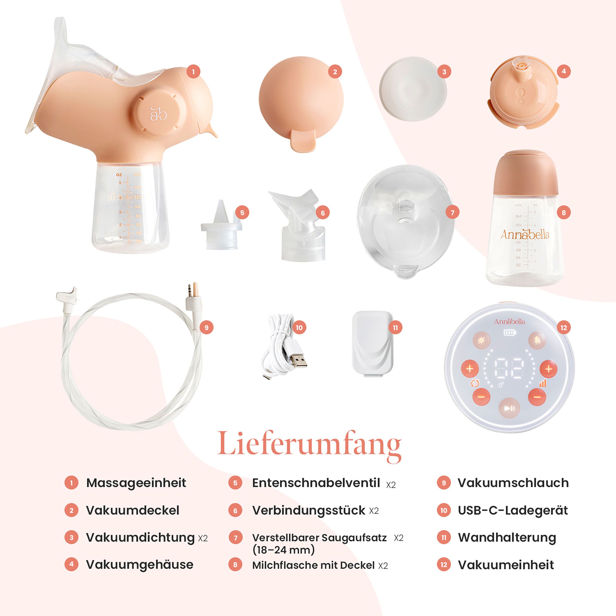 Milchpumpe und Zubehör. Massageeinheit, Vakuumdichtung, Vakuumgehäuse, Entenschnabelventil, etc. Text: Lieferumfang.