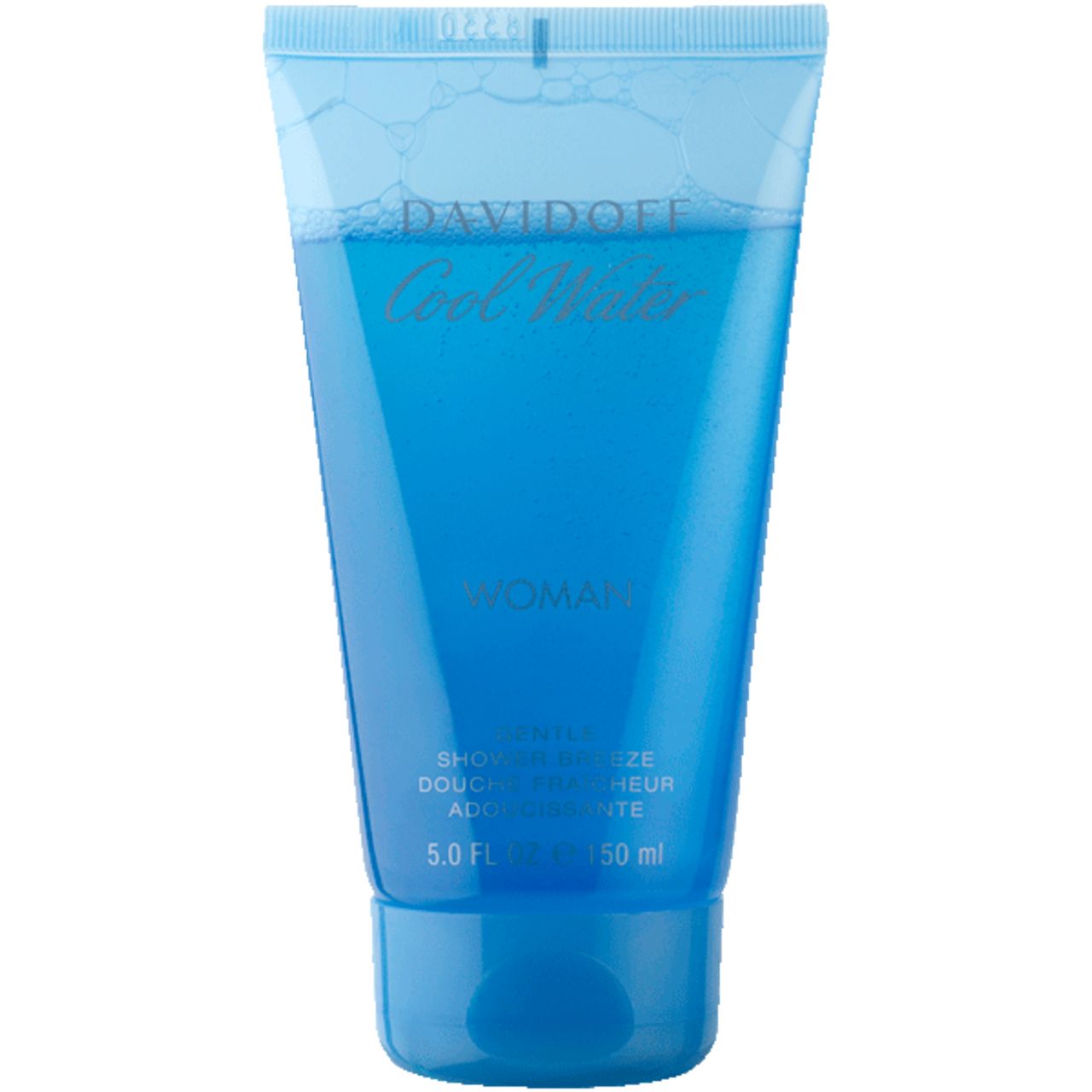 Davidoff Cool Water Woman Shower Breeze. Blaue Tube mit blauer Flüssigkeit. Text: Davidoff, Cool Water, Woman, Shower Breeze. 150 ml.