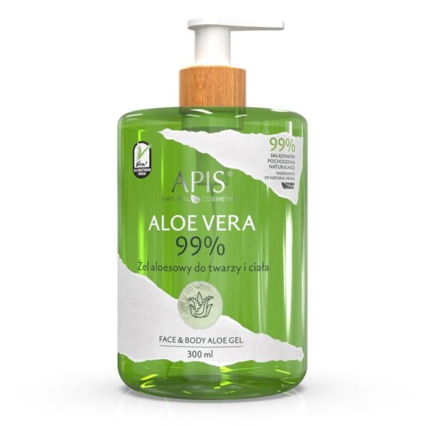 Grüne Flasche mit Spender. Aufschrift: Aloe Vera 99%. Gesicht & Körper Gel. Zertifizierungen.