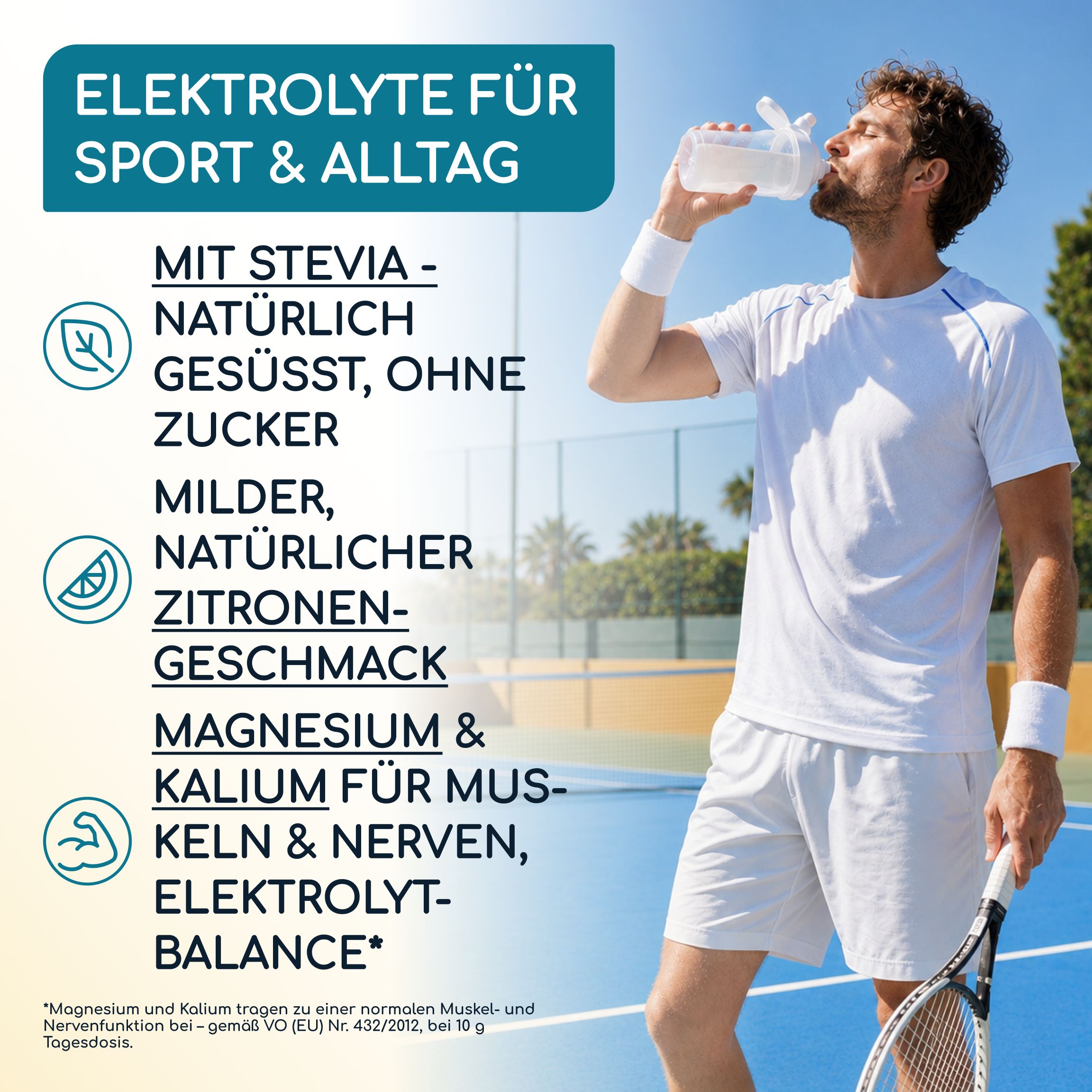 Mann trinkt Elektrolytgetränk beim Tennis, zuckerfrei, mit Stevia, Zitronengeschmack.