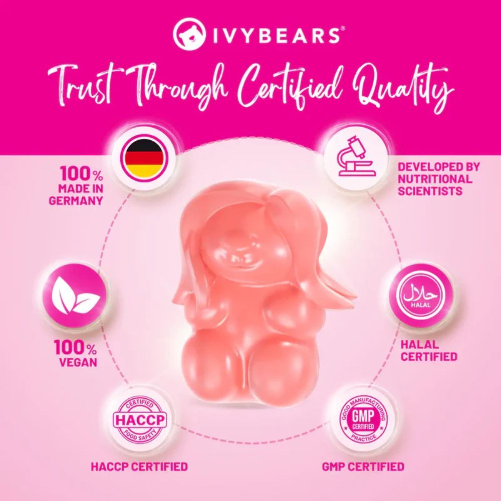 Rosa Gummibärchen in Bärenform. Text: 100% Made in Germany, 100% Vegan, Zertifiziert Halal, Zertifiziert HACCP, Zertifiziert GMP.