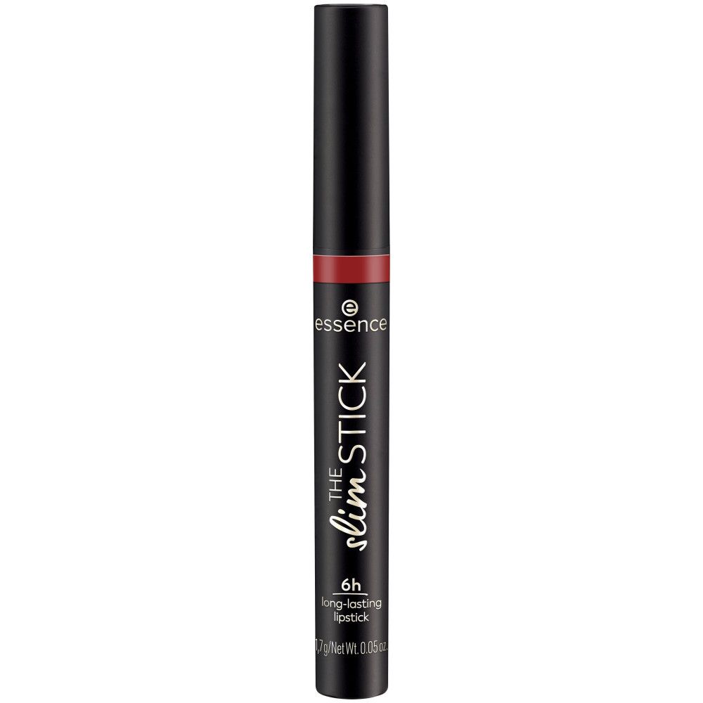 Essence The Slim Stick Lippenstift, schwarze Hülle, roter Lippenstift sichtbar.