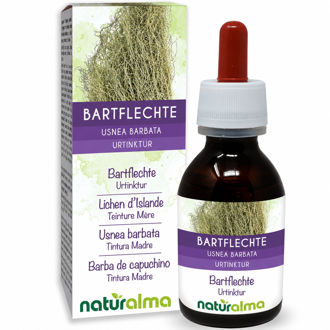 Bartflechte Urtinktur von Naturalma in Braunglasflasche mit Pipette und Faltschachtel.