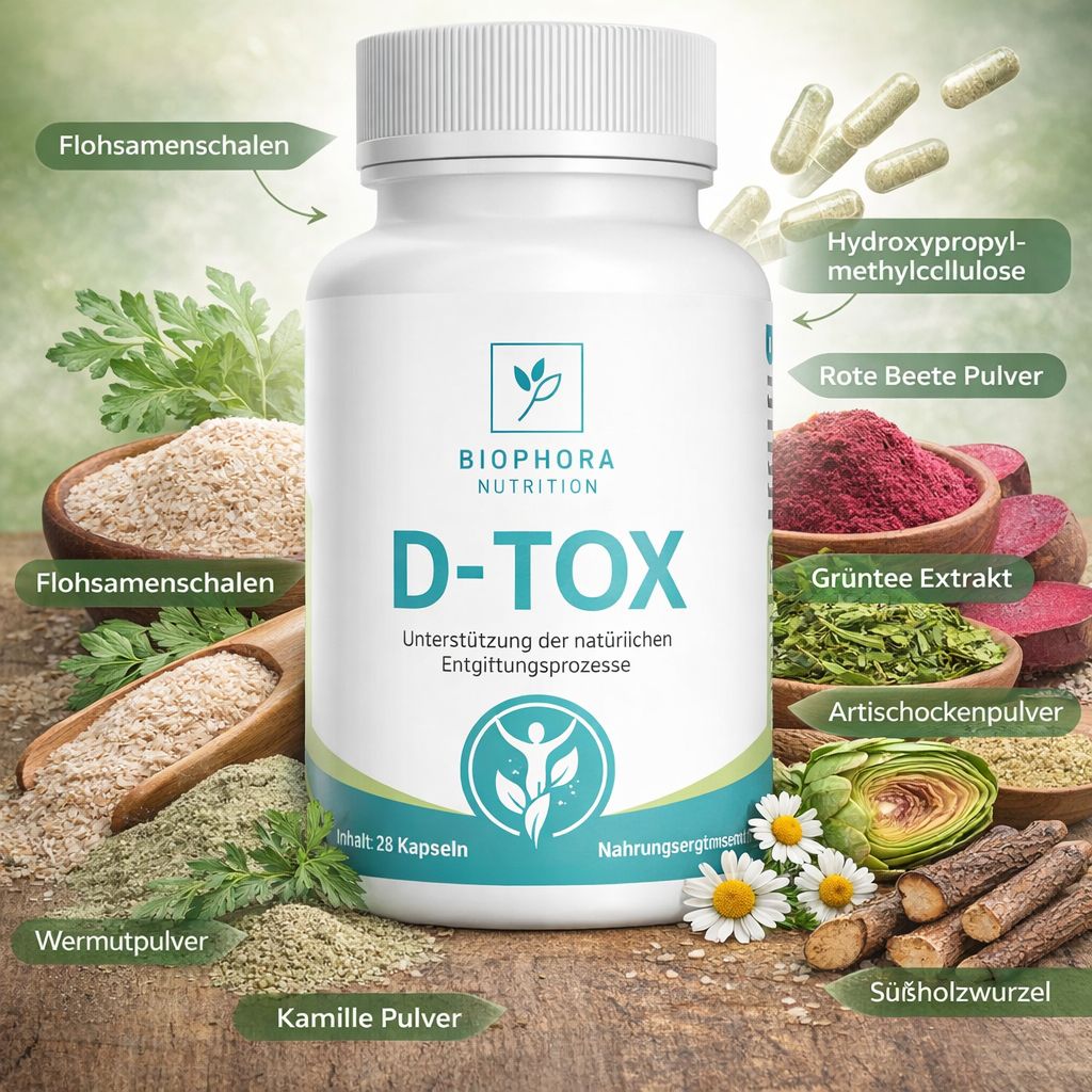 Weiße Kapsel-Dose mit grünem Etikett. Aufschrift: D-TOX, Biophora Nutrition. Umgeben von Zutaten wie Flohsamenschalen und Rote Beete.