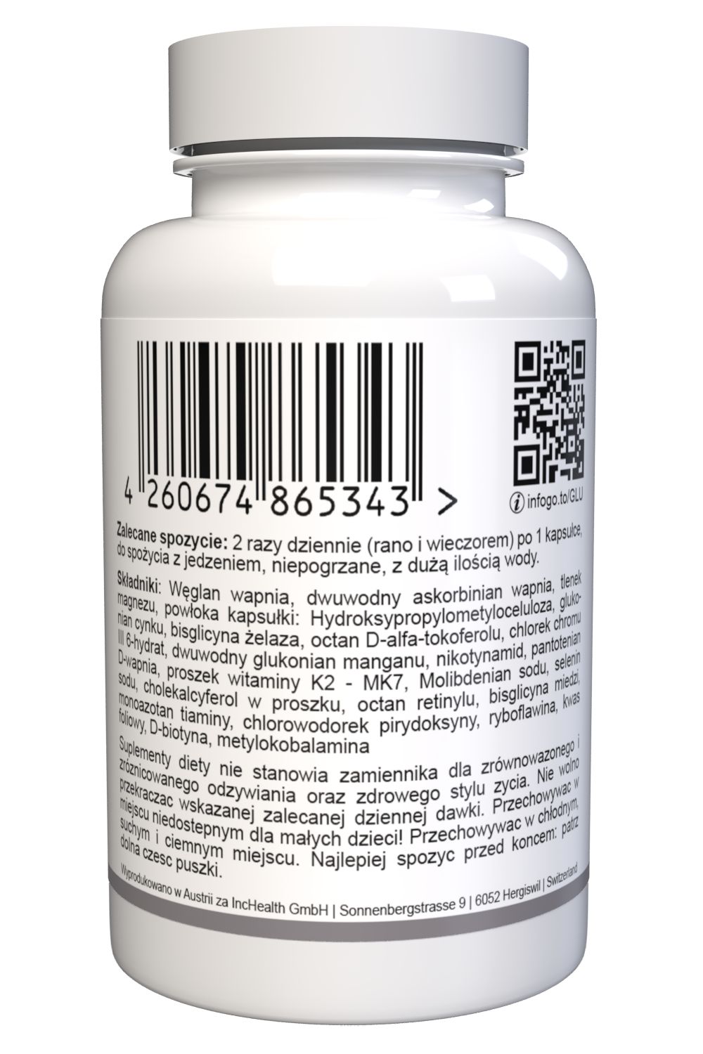 Weiße Flasche mit Barcode und QR-Code. Text in polnischer Sprache. Enthält Kapseln. Rückansicht.