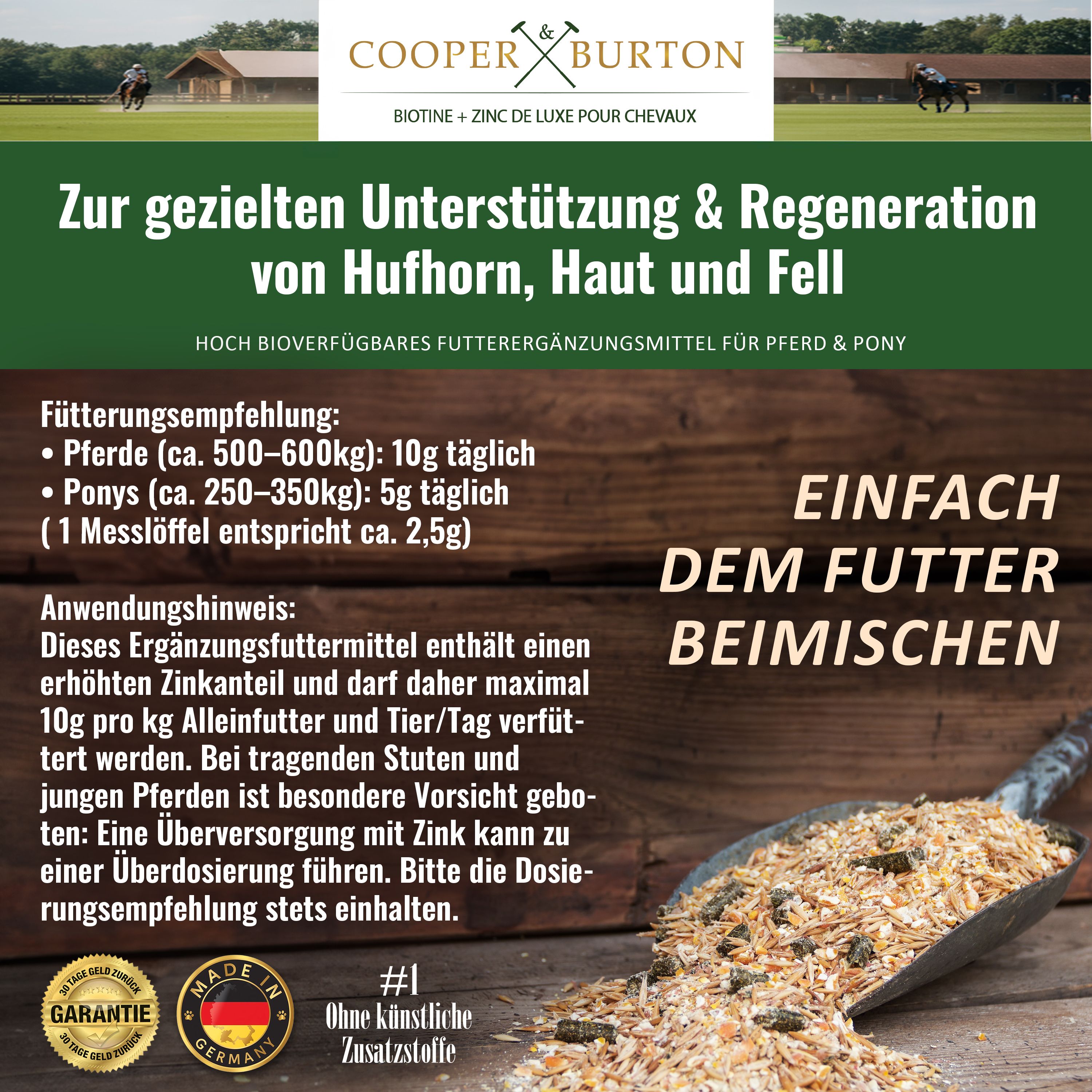 Futterergänzungsmittel. Text: Für Hufe, Haut & Fell. Einfach dem Futter beimischen. Made in Germany.