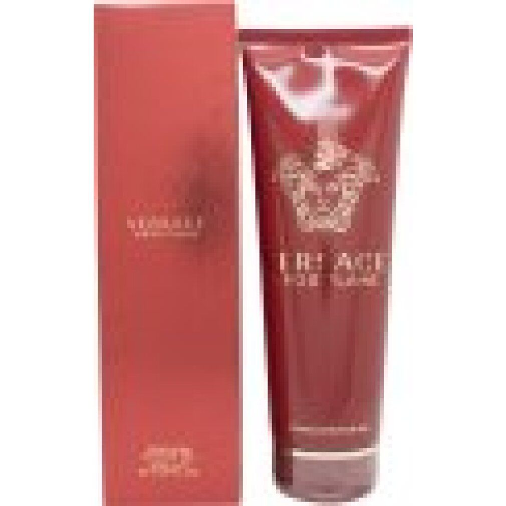 Rote Tube und Schachtel. Auf der Tube: goldfarbenes Logo und Schriftzug Versace Eros Flame. Produktbezeichnung: Perfumed Shower Gel.