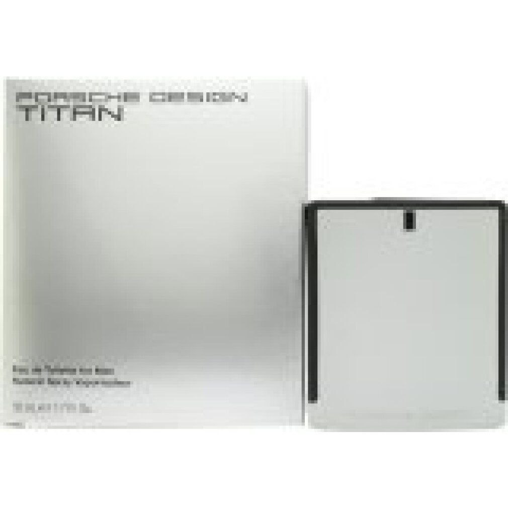 Silberfarbener Flakon und Verpackung. Schwarzer Deckel. Schriftzug: PORSCHE DESIGN TITAN. Text: Eau de Toilette für Männer.